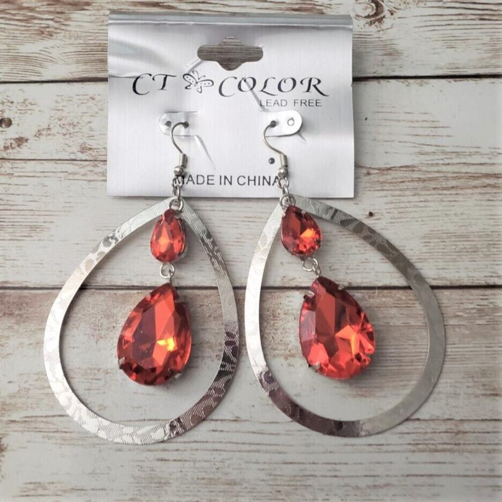 CT Color Earrings Silver Tone & Red Gem Statement Dangle Extra Large - New